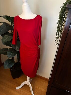 Tahari Red Scoop-Neck Midi Dress with Side Ruching